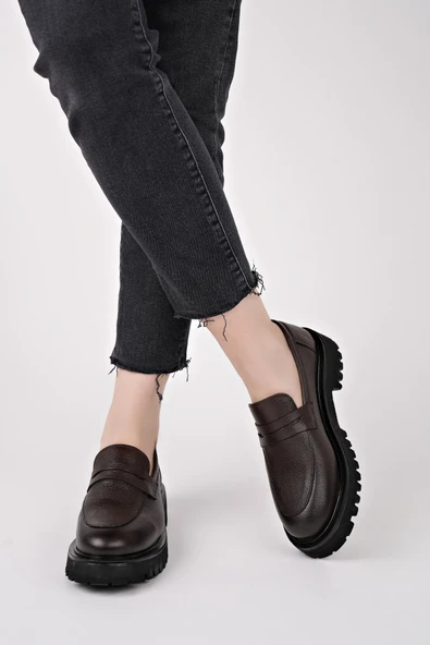 Muggo PARADİSE Hakiki Deri Kalın Taban Günlük Casual Makosen Kadın Loafer Ayakkabı - 6