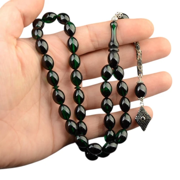 Özel Seri Arpa Kesim Gümüş Püsküllü 12x9 mm Ateş Kehribar Tesbih ürün görseli 1