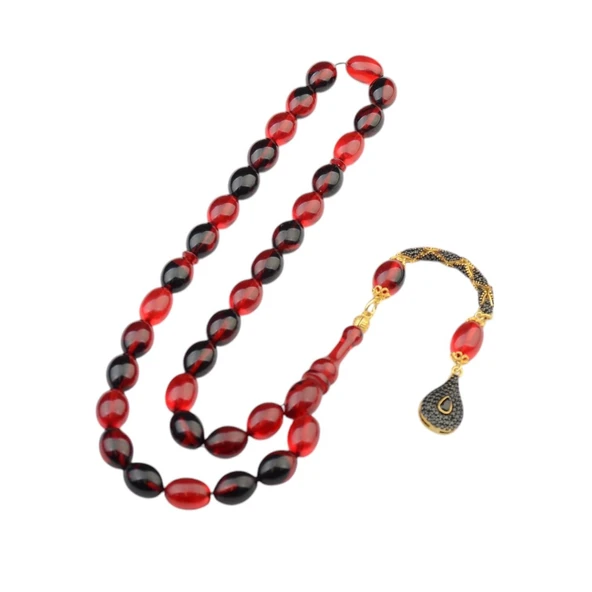 Özel Seri Arpa Kesim Gümüş Püsküllü 12x9 mm Ateş Kehribar Tesbih - Resim 2