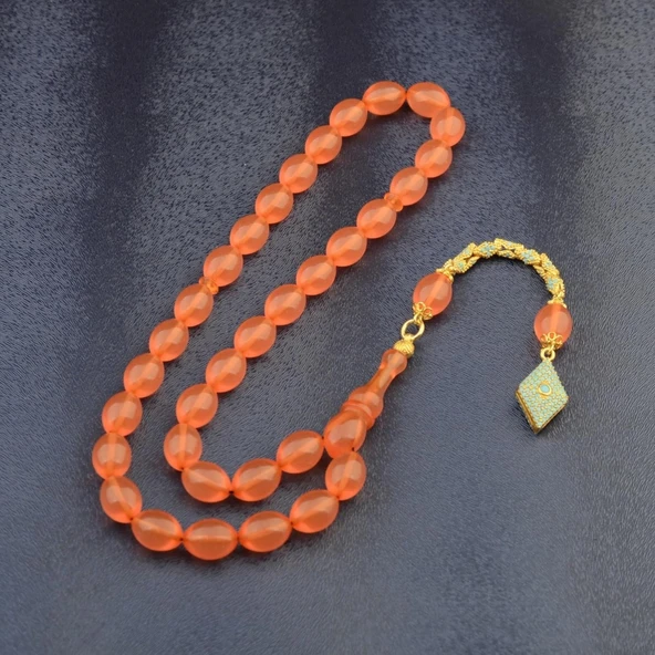 Özel Seri Arpa Kesim Gümüş Püsküllü 12x9 mm Ateş Kehribar Tesbih - Resim 2