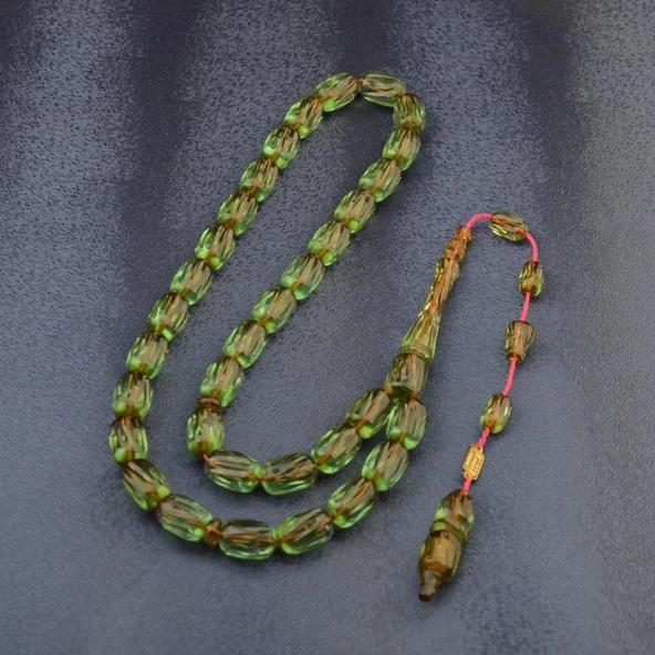 Sistem Püsküllü 13x8 mm Oyma İşçilikli İmzalı Ateş Kehribar Tesbih - Resim 2