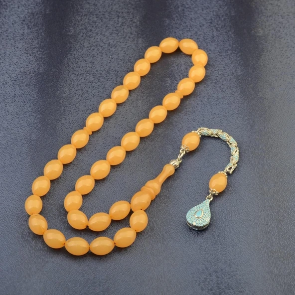 Özel Seri Arpa Kesim Gümüş Püsküllü 12x9 mm Sıkma Kehribar Tesbih - Resim 2