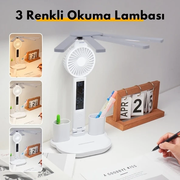 Monozone Fanlı Masa Lambası 7w Şajlı Saat Takvim Dereceli Masa Lambası Kalemlik ve Telefon Tutuculu - 6
