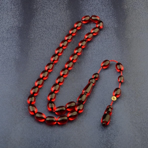 Sistem Püsküllü 11x8mm Kapsül Kesim İmzalı Ateş Kehribar Tesbih - Resim 2