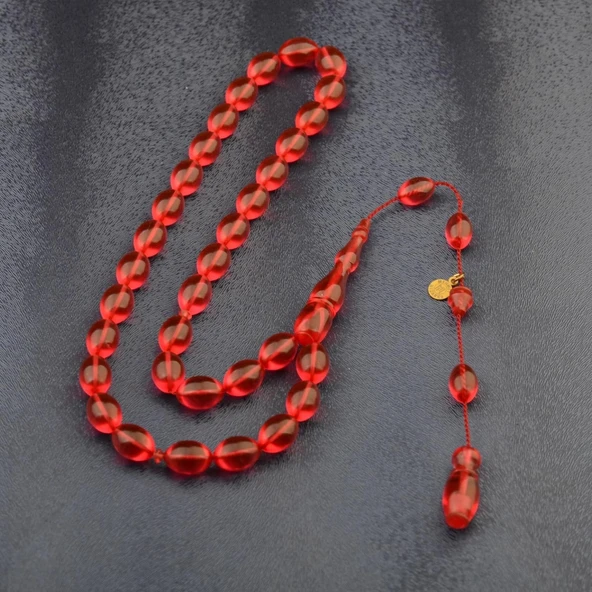 Sistem Püsküllü 11x8 mm İmzalı Ateş Kehribar Tesbih - Resim 2