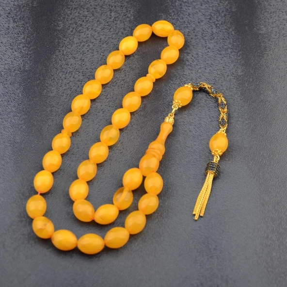 Özel Seri Arpa Kesim Gümüş Püsküllü 12x9 mm Sıkma Kehribar Tesbih - Resim 2