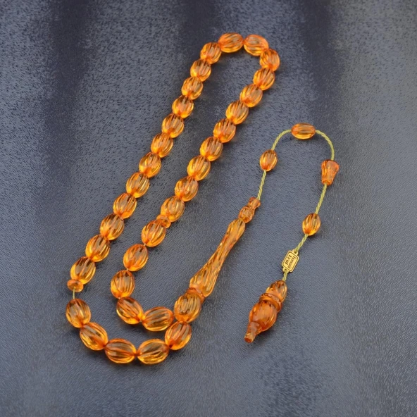 Sistem Püsküllü 11x8mm Oyma İşçilikli İmzalı Ateş Kehribar Tesbih - Resim 2