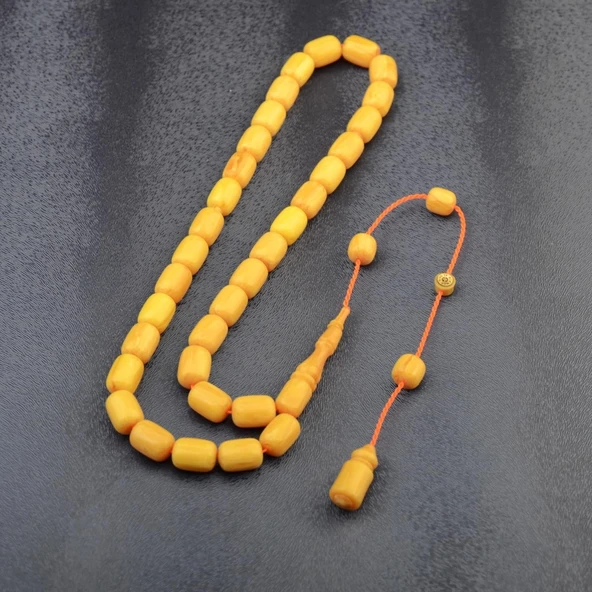 Sistem Püsküllü 11x8 mm İmzalı Sıkma Kehribar Tesbih - Resim 2