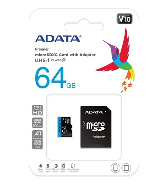 ADATA AUSDX64GUICL10A1-RA1 PREMIER 64GB 100MB/s CLASS10 A1 ADAPTÖRLÜ MICROSDHC HAFIZA KARTI