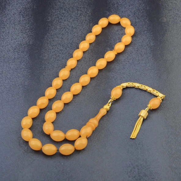 Özel Seri Arpa Kesim Gümüş Püsküllü 12x9 mm Sıkma Kehribar Tesbih - Resim 2