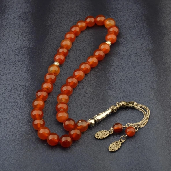 Küre Kesim 10x10 mm Doğal Akik Taşı Alpaka Püsküllü Tesbih - Resim 2