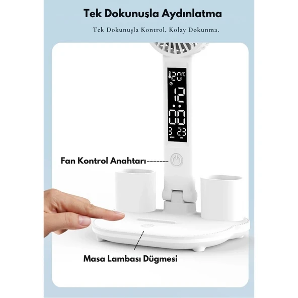 Monozone Fanlı Masa Lambası 7w Şajlı Saat Takvim Dereceli Masa Lambası Kalemlik ve Telefon Tutuculu - 10