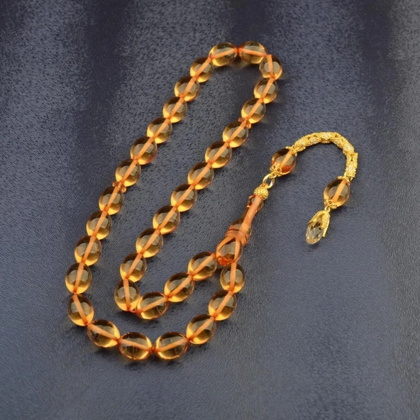 Özel Seri Arpa Kesim Gümüş Püsküllü 12x9 mm Ateş Kehribar Tesbih - Resim 2