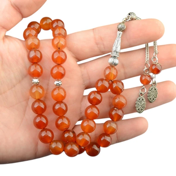 Küre Kesim 10x10 mm Doğal Akik Taşı Alpaka Püsküllü Tesbih ürün görseli 1