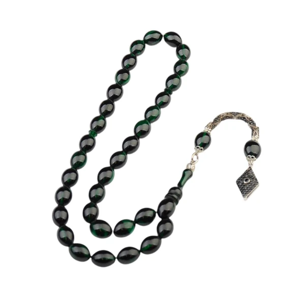 Özel Seri Arpa Kesim Gümüş Püsküllü 12x9 mm Ateş Kehribar Tesbih - Resim 2