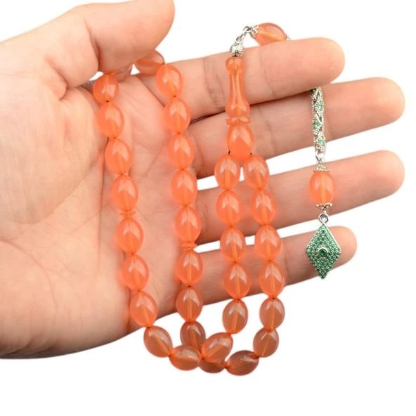 Özel Seri Arpa Kesim Gümüş Püsküllü 12x9 mm Ateş Kehribar Tesbih ürün görseli 1