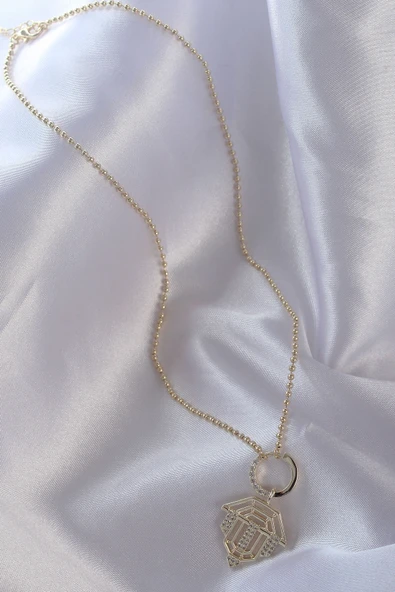 Pirinç Zirkon Taşlı Gold Renk Oval Detaylı Serenay Kolyesi - TJ-BKO8838 - 2