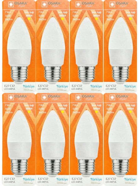 (8 Adet) Osaka 7W (50W) 3000K (Sarı) E27 Duylu (Kalın Duy) Mum Led Ampul