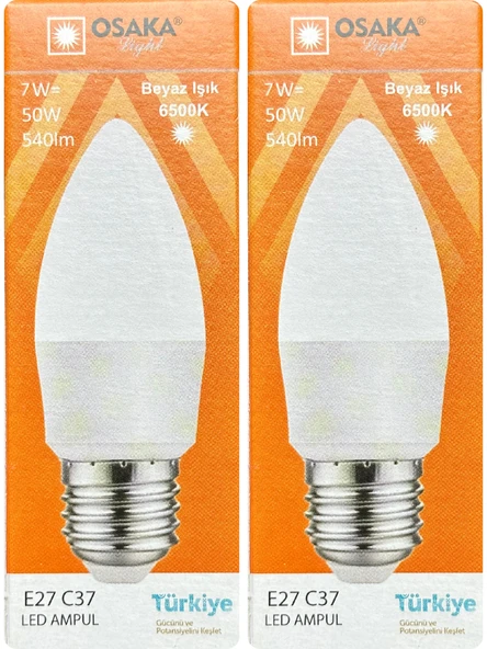 (2 Adet) Osaka 7W (50W) 6500K (Beyaz Işık) E27 Duylu (Kalın Duy) Mum Led Ampul