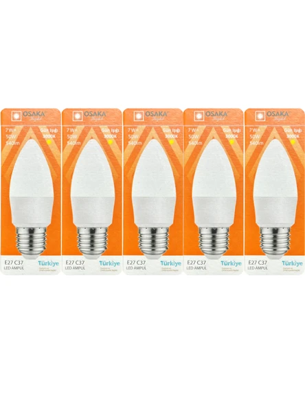 (5 Adet) Osaka 7W (50W) 3000K (Sarı) E27 Duylu (Kalın Duy) Mum Led Ampul