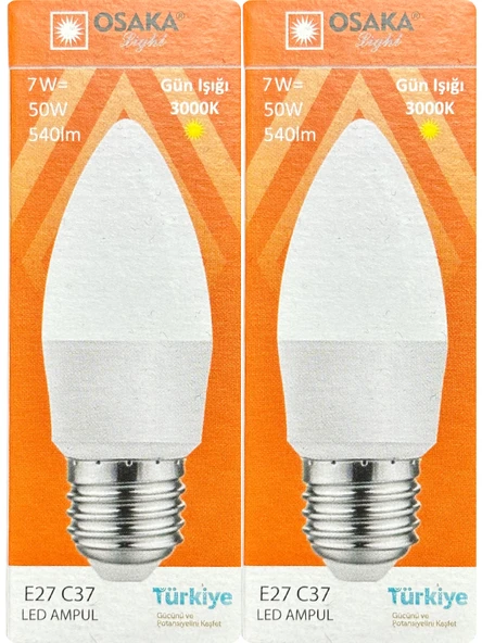 (2 Adet) Osaka 7W (50W) 3000K (Sarı) E27 Duylu (Kalın Duy) Mum Led Ampul
