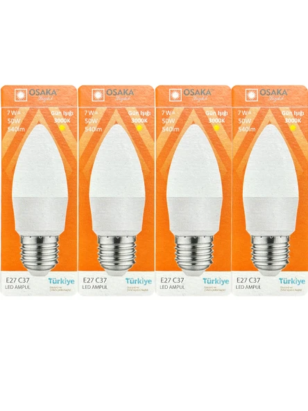 (4 Adet) Osaka 7W (50W) 3000K (Sarı) E27 Duylu (Kalın Duy) Mum Led Ampul