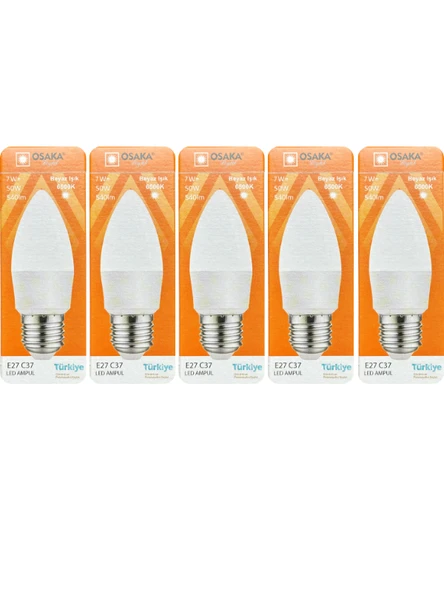 (5 Adet) Osaka 7W (50W) 6500K (Beyaz Işık) E27 Duylu (Kalın Duy) Mum Led Ampul