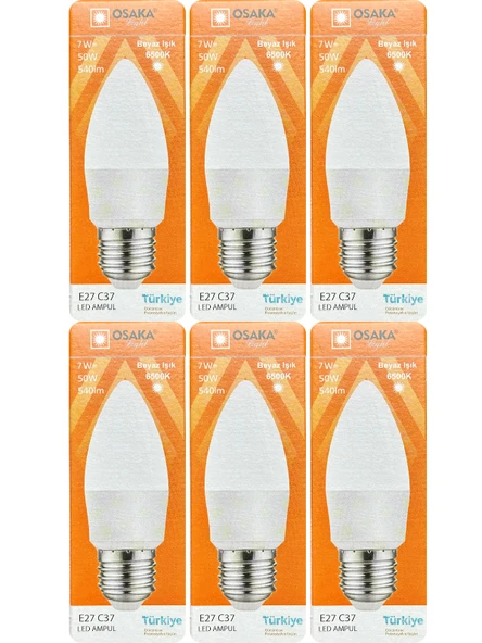 (6 Adet) Osaka 7W (50W) 6500K (Beyaz Işık) E27 Duylu (Kalın Duy) Mum Led Ampul