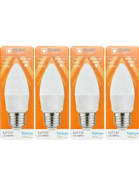 (4 Adet) Osaka 7W (50W) 6500K (Beyaz Işık) E27 Duylu (Kalın Duy) Mum Led Ampul