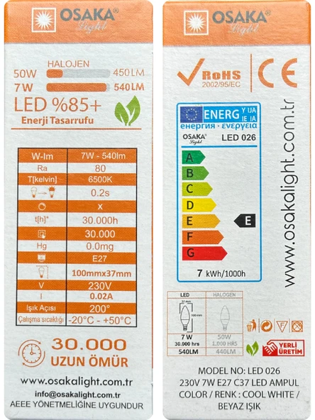(4 Adet) Osaka 7W (50W) 6500K (Beyaz Işık) E27 Duylu (Kalın Duy) Mum Led Ampul - 4
