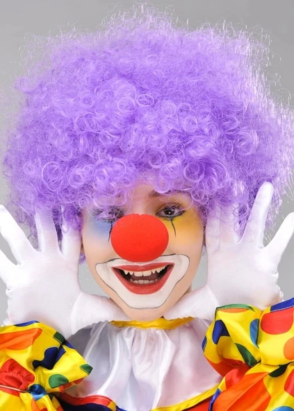 Nessiworld Mor Renk Kıvırcık Afro Bonus Peruk Takma Saç ve Kırmızı Burun Seti