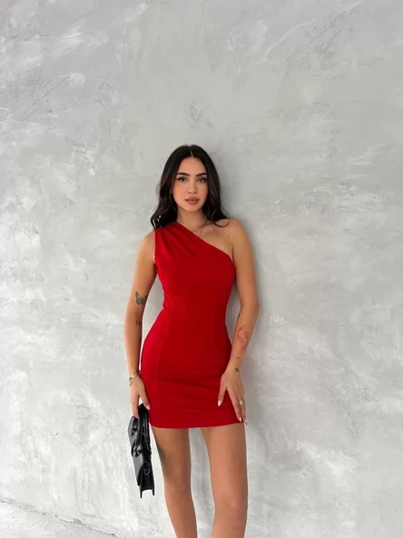 Tek Omuzlu Kolsuz Mini Boy Elbise - Kırmızı - 5