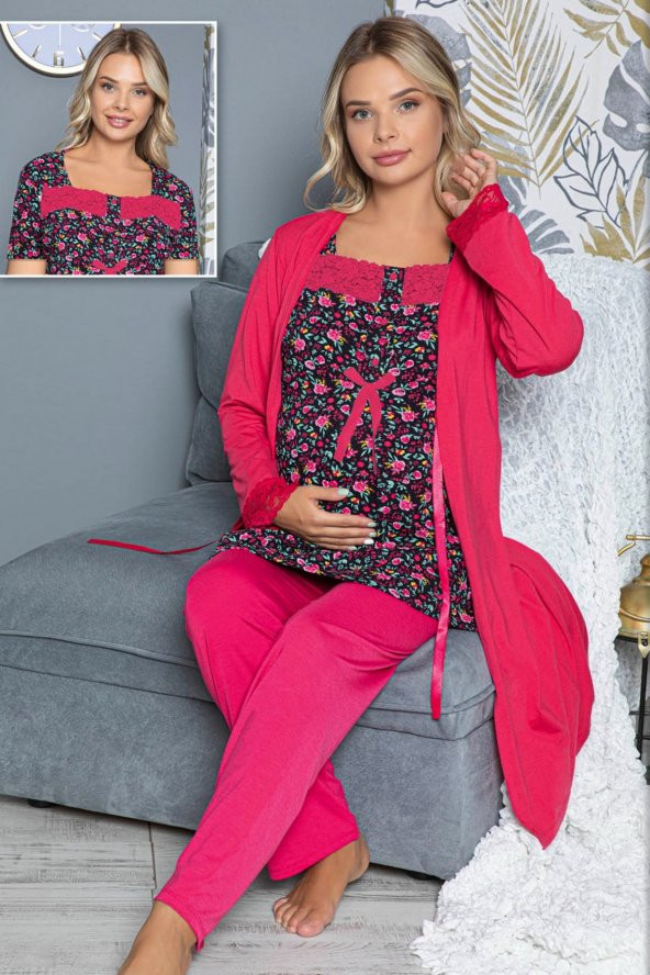 Kadın Pembe Lohusa Pijama Takımı Jenika 47658 -  3 lü Kadın Hamile Pijaması