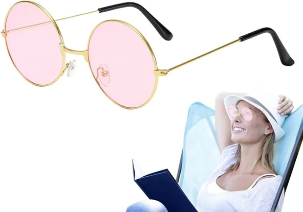 NessiWorld Yuvarlak Cam John Lennon Tarzı Hippi Gümüş Çerçeveli Pembe Gözlük