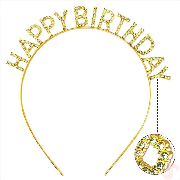 Nessiworld   Altın Gold Renk Kristal Taşlı Parlak Happy Birthday Taç 16x17 cm - 2