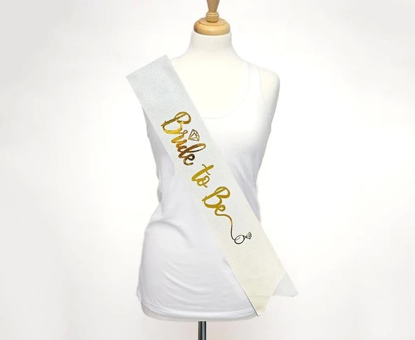 NessiWorld Beyaz Üzeri Altın İtalik Alyanslı Bride To Be Yazılı Simli Işıltılı Kuşak Kemer 10x80 cm - Resim 2