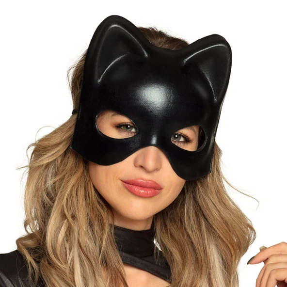 Siyah Deri Görünümlü Kedi Maskesi - Cosplay & Maskeli Balo