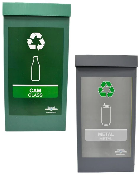 Geri Dönüşüm Kutusu Atık Kutusu Metal ve Atık Kutusu Cam 2li Set
