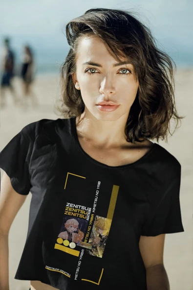 playbackmoda Akiki Tasarım, Zenitsu Agatsuma, Anime - Manga, Siyah Crop (yarım Tişört) , M Beden - Resim 2