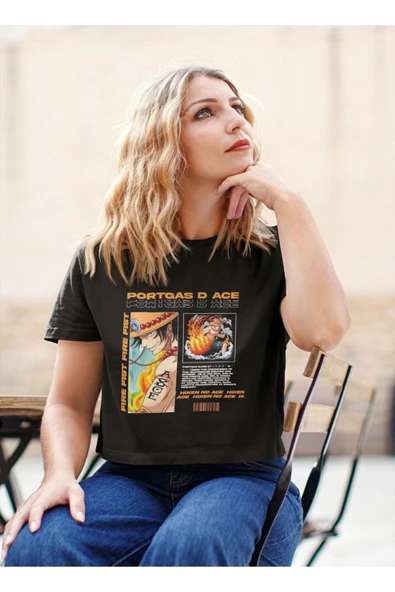 playbackmoda Akiki Tasarım, Portgas D Ace, Anime - Manga, Siyah Crop (yarım Tişört) , M Beden - Resim 2