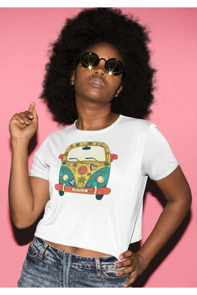 playbackmoda Crop-top Wolksvagen Çiçekli Kalpli T1 Baskılı Yarım Tişört - Resim 2