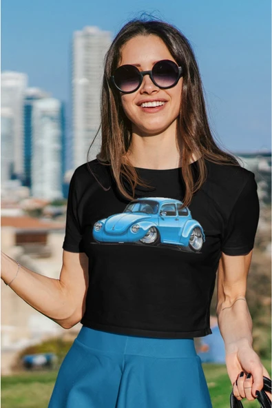playbackmoda Crop-top Mavi Wolksvagen Beetle Baskılı Yarım Tişört - Resim 2