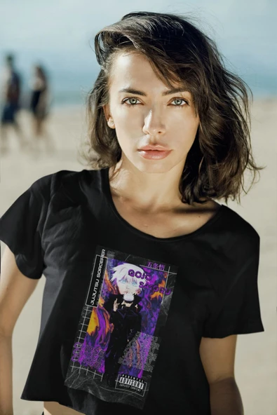 playbackmoda Akiki Tasarım, Gojo Saturo, Anime - Manga, Siyah Crop (yarım Tişört) , L Beden - Resim 2