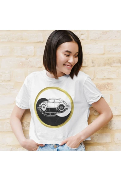 playbackmoda Crop-top Ying-yang Wolksvagen Beetle Baskılı Yarım Tişört - Resim 2