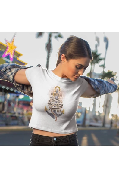 playbackmoda Crop-top Denizci Çapa Baskılı Yarım Tişört ürün görseli