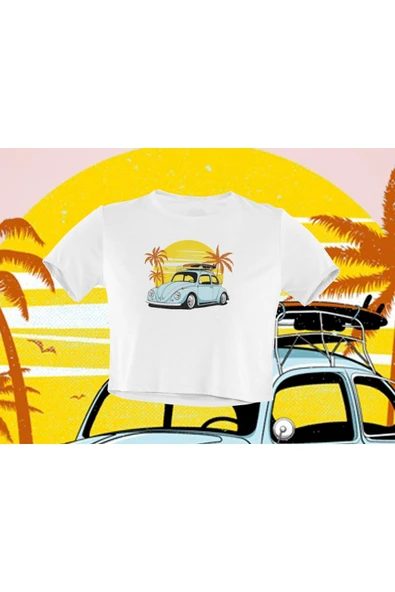 playbackmoda Crop-top Wolksvagen Beetle Baskılı Yarım Tişört - Resim 2