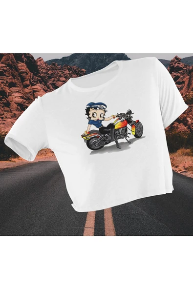 playbackmoda Crop-top Motorcu Betty Boop Baskılı Yarım Tişört