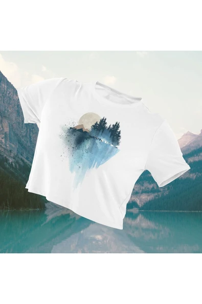 playbackmoda Crop-top Doğa Dağ Kar Baskılı Yarım Tişört ürün görseli