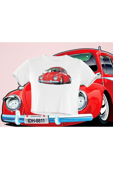 playbackmoda Crop-top Kırmrızı Wolksvagen Beetle Baskılı Yarım Tişört ürün görseli