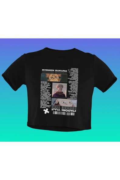 playbackmoda Akiki Tasarım, Ryomen Sukuna - Itadori Yuji, Anime - Manga, Siyah Crop (yarım Tişört) , L Beden